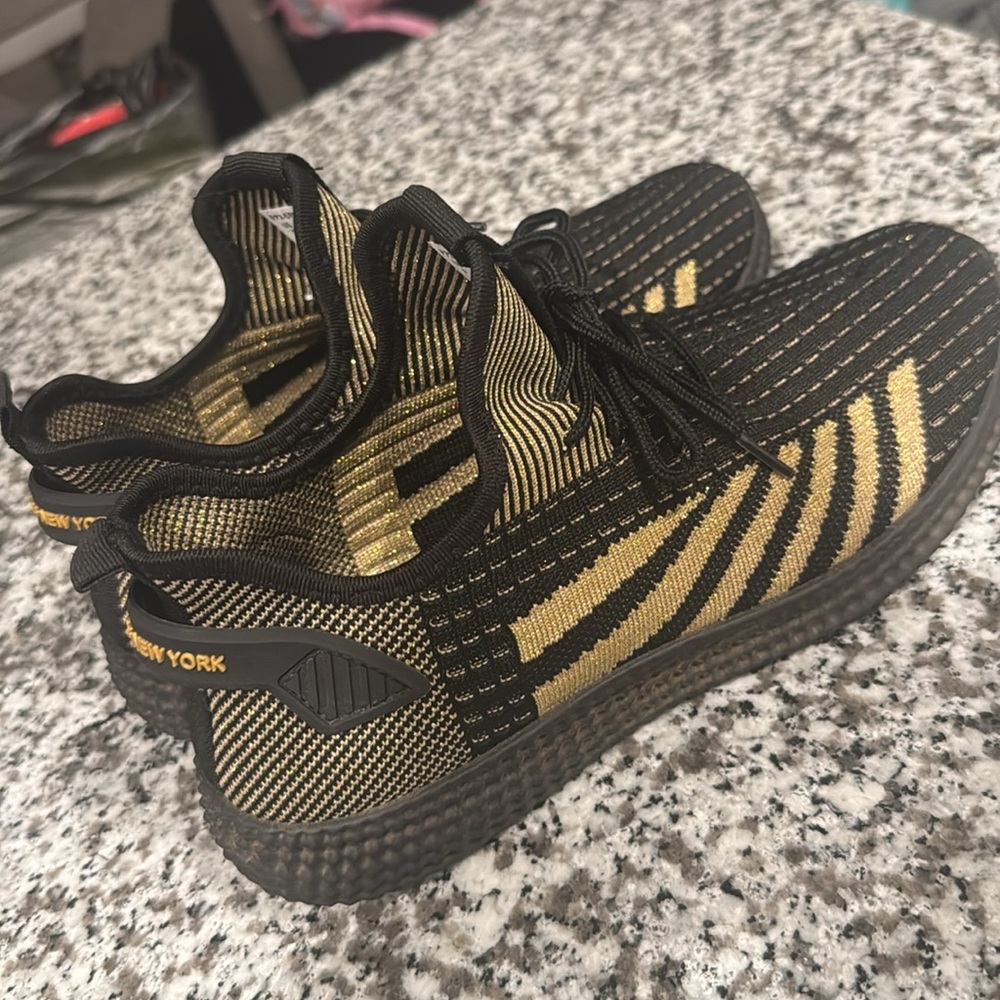 Pony Black and Gold Sneakers with Textured Knit Upper
